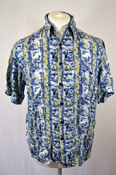 Vintage 90s pastel blue green Hawaiian Short Sleeve repeat pattern Retro rayon Shirt size small